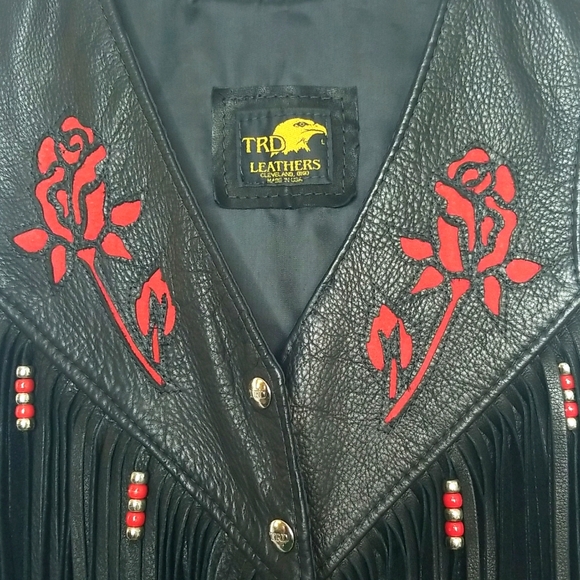 TRD Vintage Leather Vest With Roses and Beaded Fringe, Women Size Large. - Picture 3 of 16